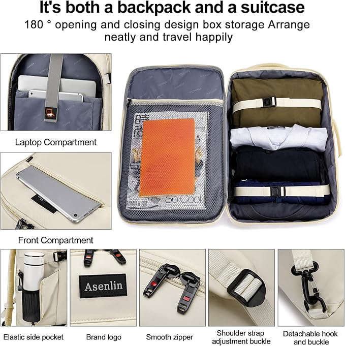 Asenlin Travel Backpack for Women Men,Flight Approved Carry On Luggage 40L Water Resistant Business Laptop Backpacks Fits TSA 17.3 Inch Computer College Weekender Outdoor Hiking-White