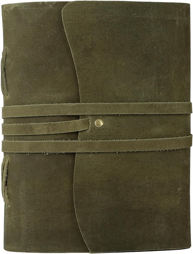 KomalC Handmade Leather Journal 8x6 Inch | Green Vintage Notebook with Unlined Paper | Cotton Recycled Paper | Antique Travel Diary, Sketchbook, Writing Journal for Men & Women