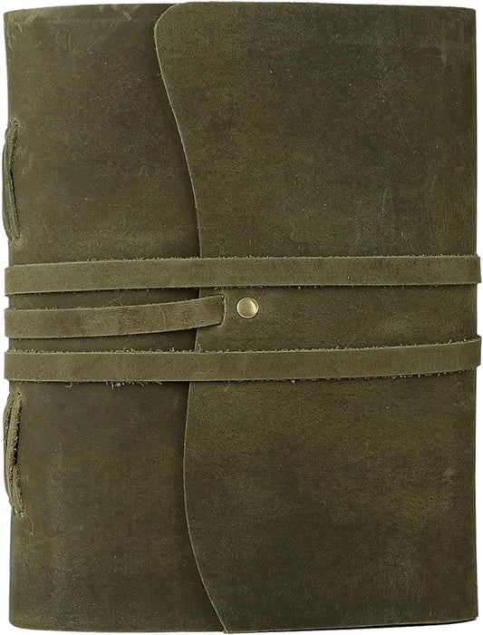 KomalC Handmade Leather Journal 7x5 Inch | Green Vintage Notebook with Unlined Pages | Cotton Recycled Paper | Antique Travel Diary, Sketchbook, Writing Journal for Men & Women