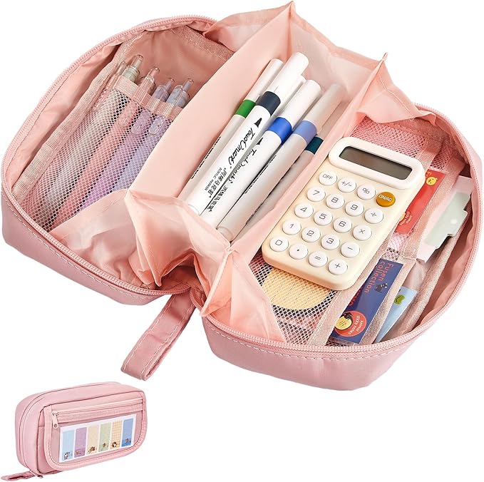Large Pencil Case, Wide Opening Pencil Pouch with Zipper, Multi-layer Aesthetic Pen Bag for Teens Girls Women, Portable Pen Holder for Office College School (Pink)