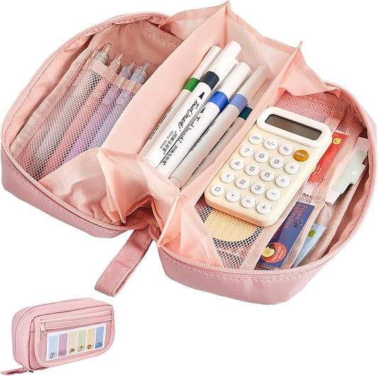 Large Pencil Case, Wide Opening Pencil Pouch with Zipper, Multi-layer Aesthetic Pen Bag for Teens Girls Women, Portable Pen Holder for Office College School (Pink)