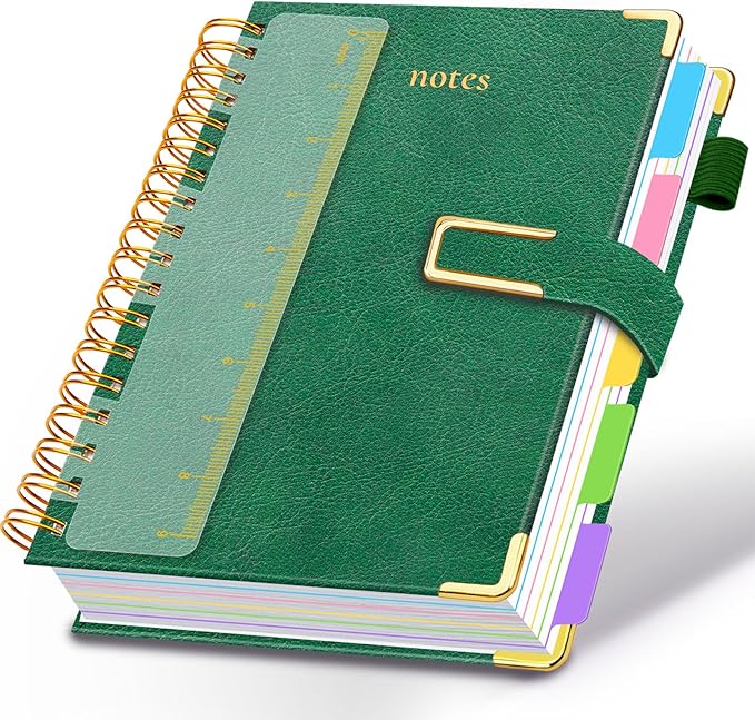Hardcover Spiral Notebook College Ruled, 8"x10" Leather Journal Notebook with Magnetic Closure, 300 Pages 5 Subject Notebook with Dividers Tabs Journal for Women Men, Work, School(Green)