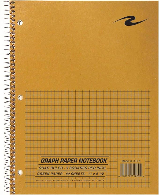 Roaring Spring 5x5 Graph Ruled Spiral Lab Notebook, 1 Case (24 Total), Brown Kraft Cover, 8.5" x 11" 80 Sheets, Green Paper