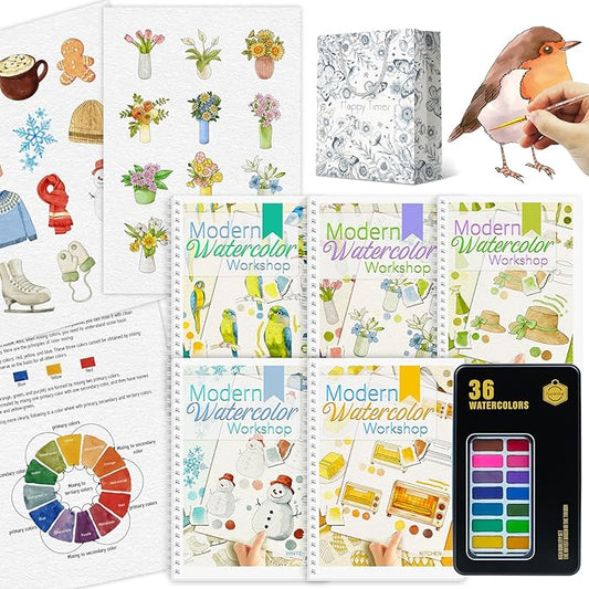 5Pcs Watercolor Workbook, Beginner-Friendly Water Coloring Book for Beginners with 36 Colors Paint, Watercolor Paper, Beginner Watercolor Painting Kit with Step by Step for Adults, Water Color Books