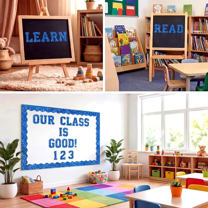 Blue 175 Pcs Graduation Photo Display Board Sticker Glitter Border Trim Alphabet Letter Number for 2026 Grad Party Trifold Poster Photo Display Event Displays Bulletin Board