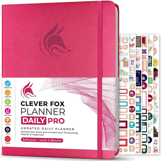 Clever Fox Planner Daily PRO - 8.5 x 11" A4 Size Daily Life Planner and Gratitude Journal to Increase Productivity, Time Management and Hit Your Goals - Undated - Lasts 3 Months (Dark Pink)