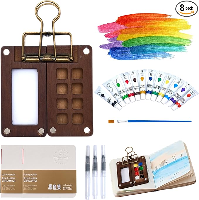 Mini Watercolor Set - 4 Brush, 2 Sketchbook & Portable Watercolor Kit for Travel, Pocket Painting Kit - Compact Design for Artists and Creative Sketching