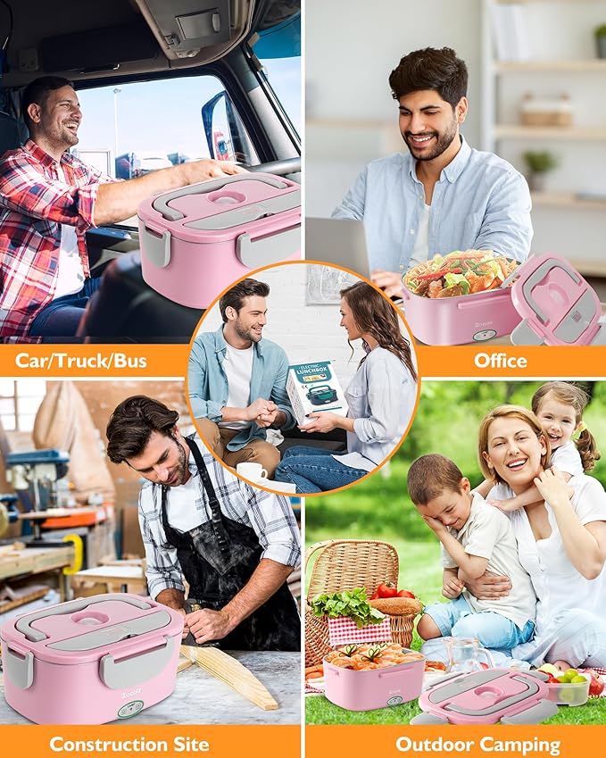 Eocolz Electric Lunch Box Food Heater 80-100W, Food Warmer with Dual Container 1.5L Portable Heated Lunch Box for Car Truck Work Stainless Steel Fork & Spoon 12/24/110V for Adults Lonchera Eléctrica