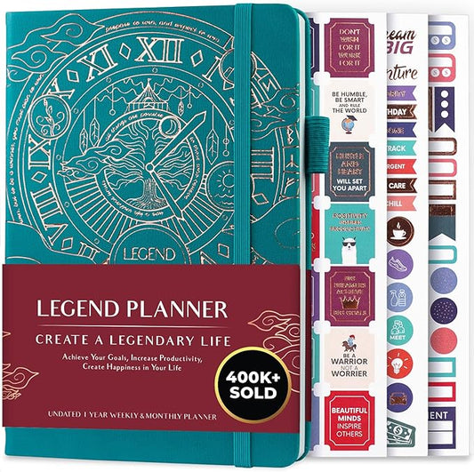 Legend Planner – Undated Weekly & Monthly Life Planner to Hit Your Goals & Live Happier, Organizer Notebook & Productivity Journal, A5 (Viridian Green, Gold)