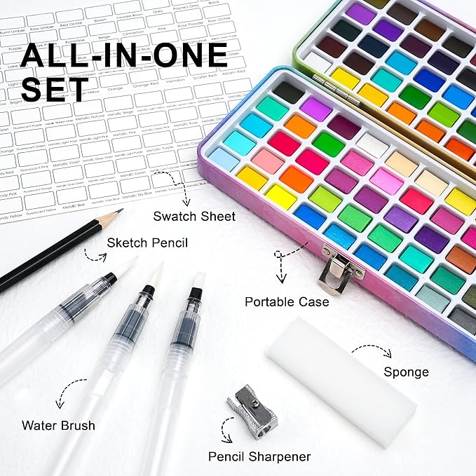 100 Solid Watercolor Paint Kit, Beginner Portable Travel Case with Brushes, Metallic, Macaron, Fluorescent Art Supplies for Anime, Portrait, Canvas Painting - Great Gift for Festivals, Back to School