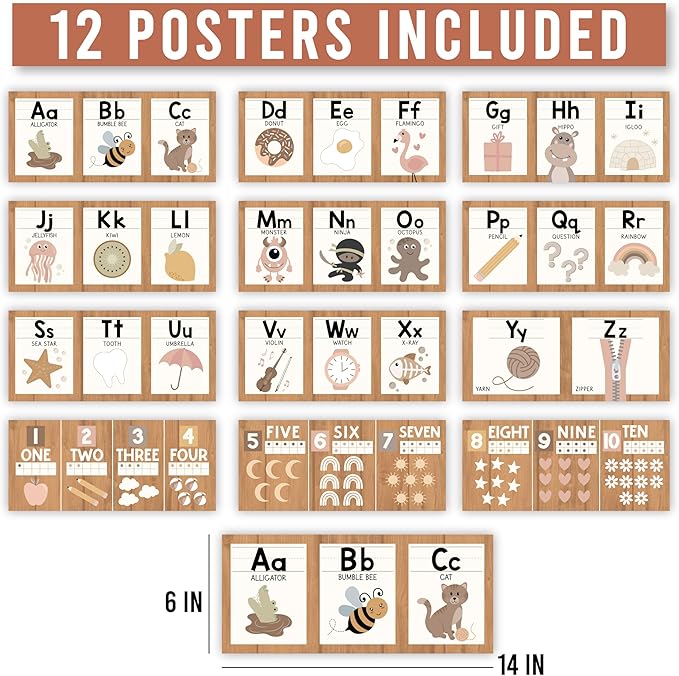 Hadley Designs Alphabet for Classroom Wall Decor - ABC Posters for Classroom Wall Chart Preschool & Kindergarten, ABC Letters & Number Line Elementary, Alphabet Cards, Boho Classroom Decor