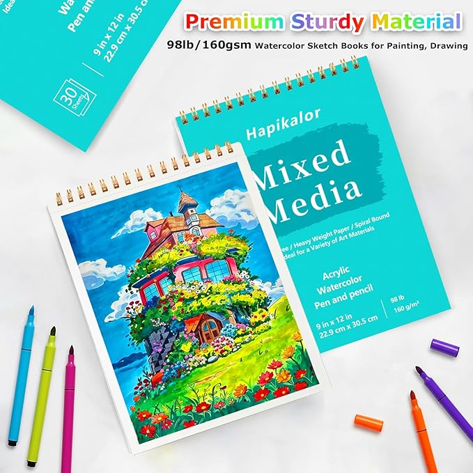 Sketch Book Mixed Media Pad - 9" x 12" Top Spiral Bound Sketch Pad, 30 Sheets 98lb/160gsm Acid-Free Drawing Paper, Light Watercolor Sketchbook for Drawing, Sketching, Painting, Art Supplies