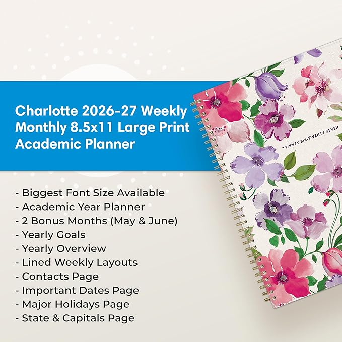 Blue Sky 2026-2027 Large Print Weekly and Monthly Academic Year Planner Calendar, July 2026 - June 2027, 8.5" x 11", Flexible Cover, Wirebound, Storage Pocket, Laminated Tabs, Charlotte