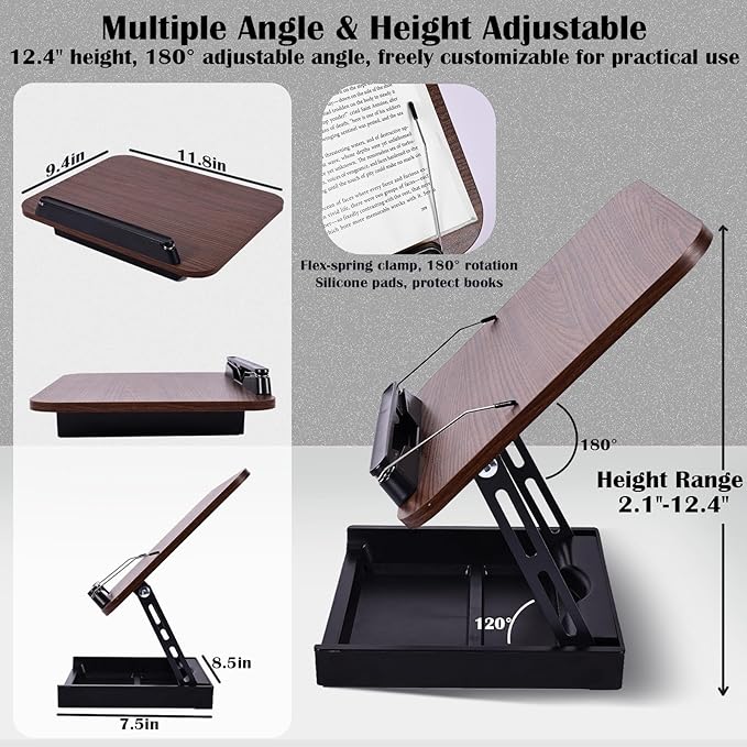 Wooden Book Stand for Reading with Storage Box Non-Slip Base, Adjustable Height & Angle, Foldable Desktop Riser with Page Clip, Hands Free Book Holder for Kitchen Counter, Cookbook, Recipe, Laptop
