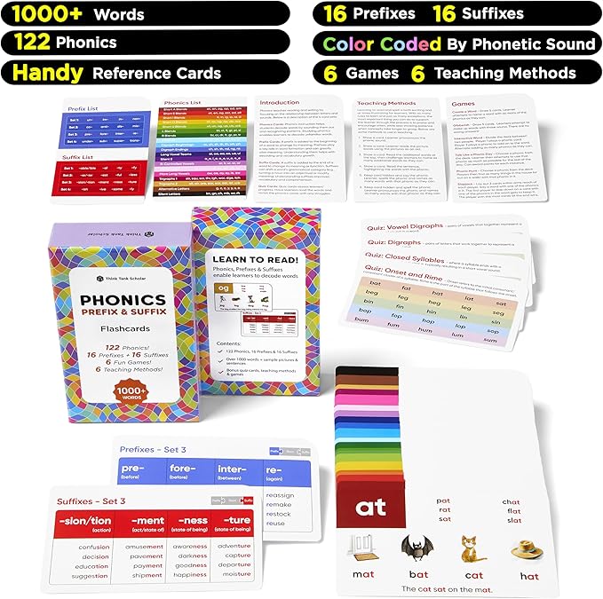 Award-Winning Phonics & Vocabulary Flash Cards (1000+ Words w/Prefixes, Suffixes & CVC) incl. Games & Visual Aids for Ages 4-8, Pre-K to 3rd Grade