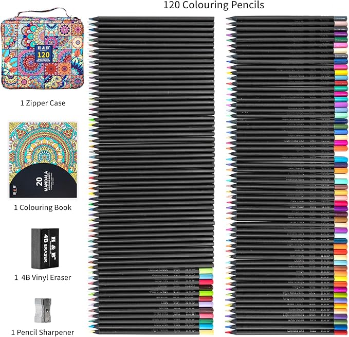 H & B 120-Color Black Wood Colored Pencils Set with Coloring Book, Eraser, Sharpener - Adult Drawing and Coloring - Artist-Grade Soft Oil-Based Cores - Works on Black Paper