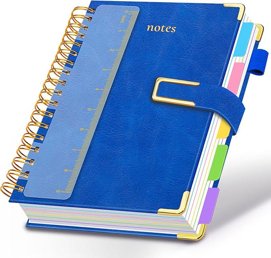 Hardcover Spiral Notebook College Ruled, 8"x10" Leather Journal Notebook with Magnetic Closure, 300 Pages 5 Subject Notebook with Dividers Tabs Journal for Women Men, Work, School(College Blue)