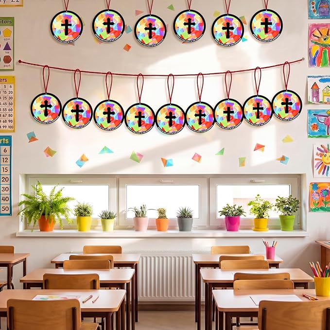 48PCS Sunday School VBS Crafts Bulk: Paper Cross Nativity Suncatchers, Jesus Religious Christian Activity DIY Kits Church Decorations, Window Stained Glass Effect Art Supplies(Round Shape)