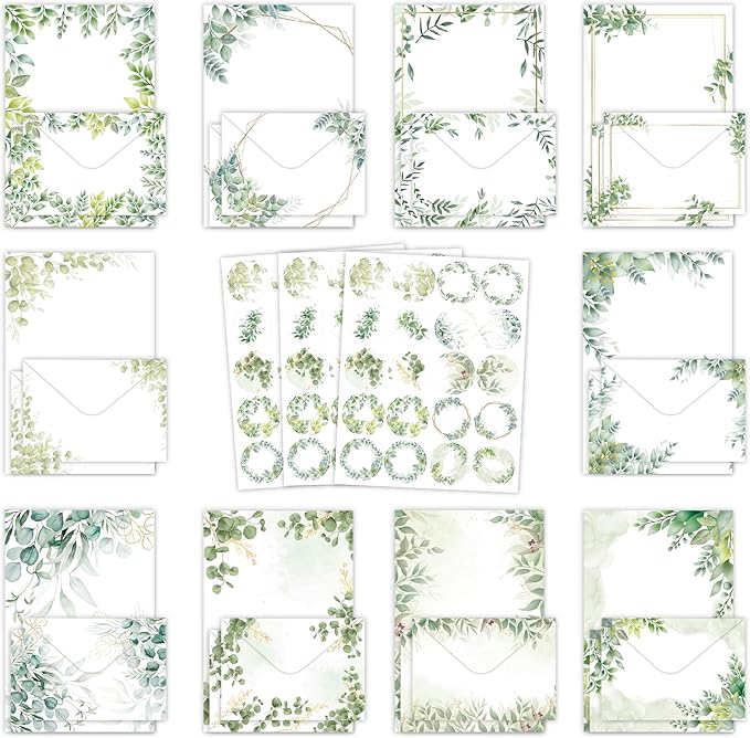 160-Piece Eucalyptus Stationery Envelopes Set – 50 Writing Papers, 50 Envelopes, 60 Sealing Stickers – Greenery Botanical Letter Writing Kit for Invitations, Business, Wedding