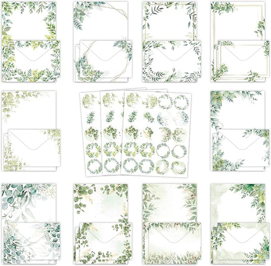 160-Piece Eucalyptus Stationery Envelopes Set – 50 Writing Papers, 50 Envelopes, 60 Sealing Stickers – Greenery Botanical Letter Writing Kit for Invitations, Business, Wedding