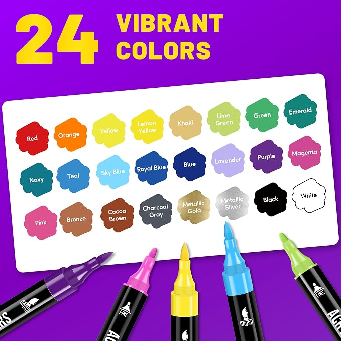 Pagather Acrylic Paint Markers, 24 Colors Dual Tip Fine & Brush Pens Set