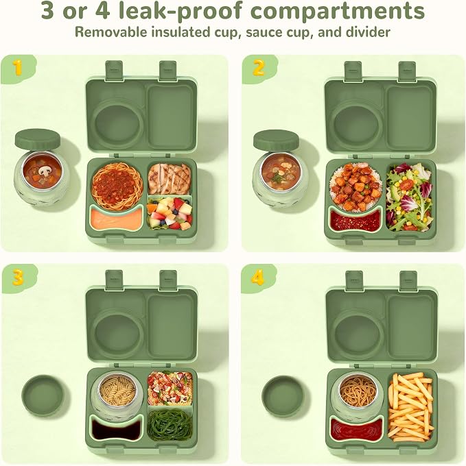 Kids Insulated Lunch Box with 8OZ Thermo Food Jar | Leakproof Bento Box with Ice Pack Sauce Cup Utensils Removable Tray & Dividers for School Daycare Travel, Dinosaurs