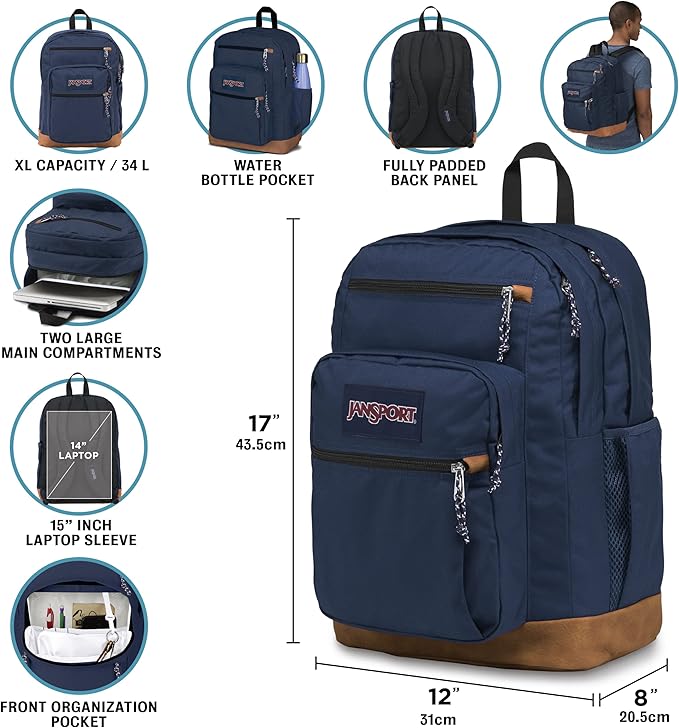 JanSport Cool Backpack, with 15-inch Laptop Sleeve - Large Computer Bag Rucksack with 2 Compartments, Ergonomic Straps, Navy | Computer Bag, Rucksack, 2 Compartments, Ergonomic Straps