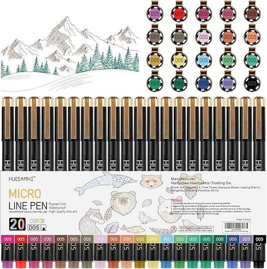 005 Micro Pen 20 Colors 0.20mm FineLiner Pens for Art Waterproof Ink Fine Tip Illustration Sketching, Anime Bullet Journal and Technical Drawing