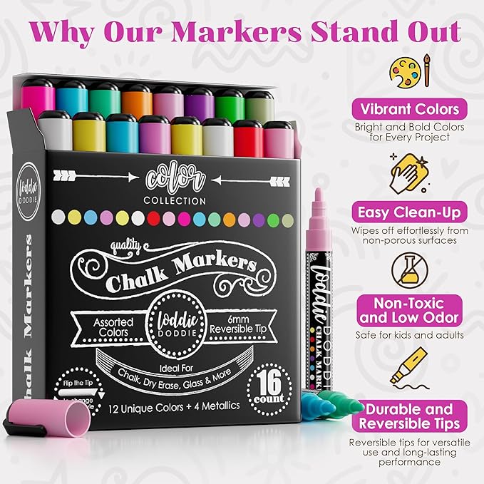 Loddie Doddie Chalk Markers - Pack of 16, Reversible 6mm Tips - Vibrant Chalkboard Designs with Chalkboard Markers - Easy Erase on Glass & Whiteboards with Dry Erase Pen