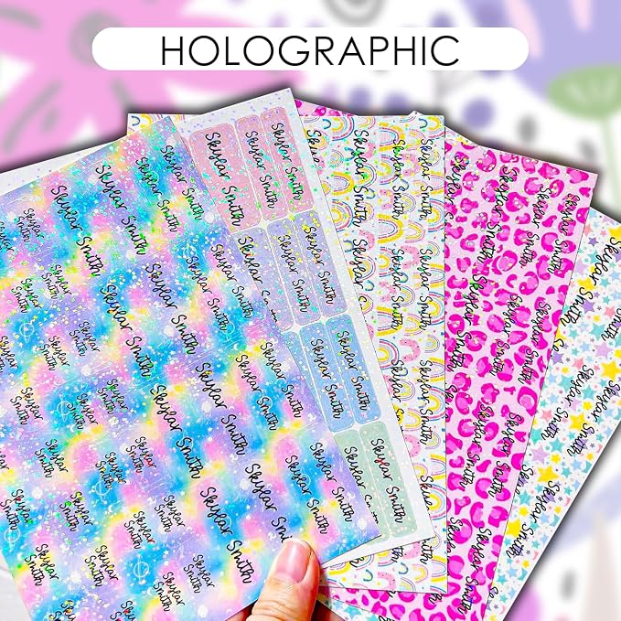 COACO Personalized Kids Name Labels, 90 Holographic Labels, Waterproof, Dishwasher Safe, Ideal for Daycare, Back to School Gift for Kids, Labels for Kids School Supplies (Pink Leopard)