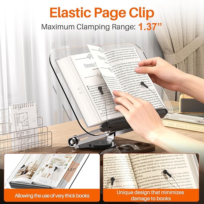 BYMECOST Acrylic Book Stand for Reading, 360°Rotating Book Holder with Pen Slot, Adjustable Height and Angle, Elastic Clips for Cookbook Stand, Foldable Desktop Riser for Laptop,Tablet,Recipe,Magazine