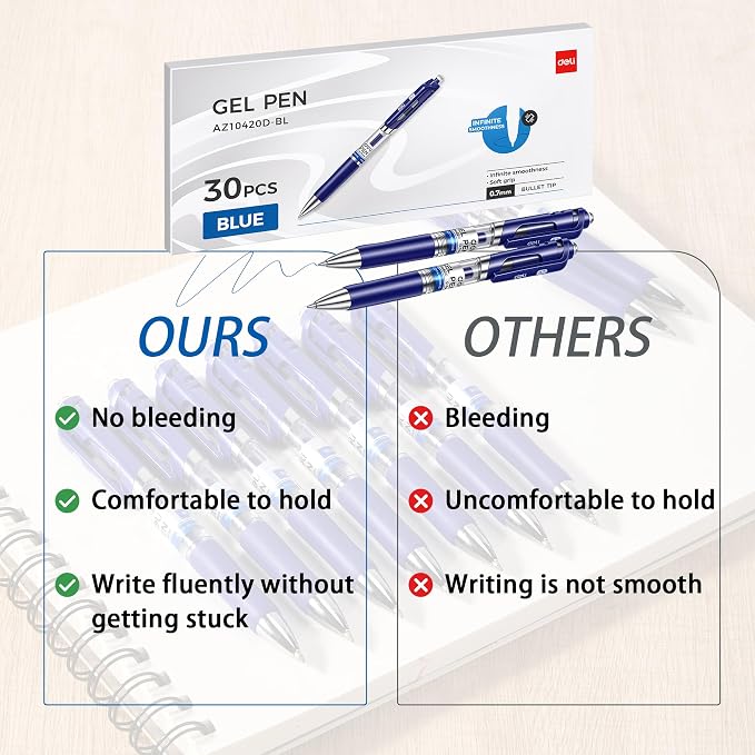 deli Gel Pens, 30 Pcs 0.7mm Retractable Pens Blue Ink | Medium Point Pen Bulk, Smooth Writing, Fast Dry, No Bleed for Journaling Note Taking, Home School Office Supplies