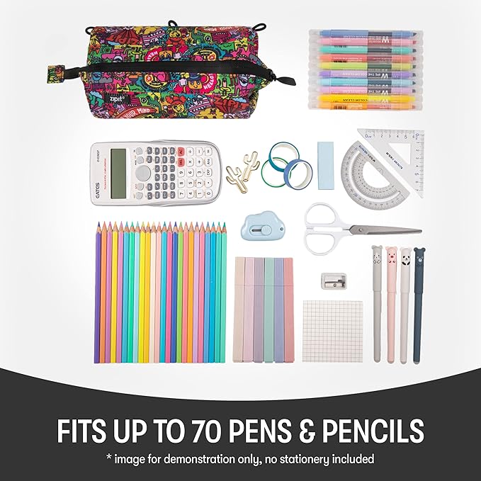 ZIPIT: Lenny Pencil Case - Doodles - Large Storage Capacity Zipper Pouch, Makeup-Stationery Bag, School-Travel, Washable Polyester, Kids-Teens-Adults