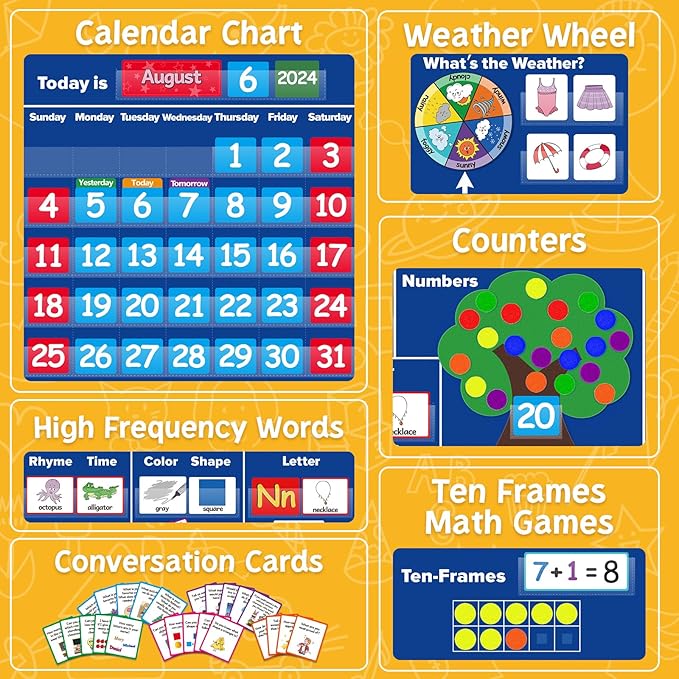 Circle Time Learning Center Pocket Chart Classroom Calendar for Kids, Weather Chart Counting Alphabet Ten Frame Color, Kindergarten Preschool Classroom Must Haves Pre K Learning Activities