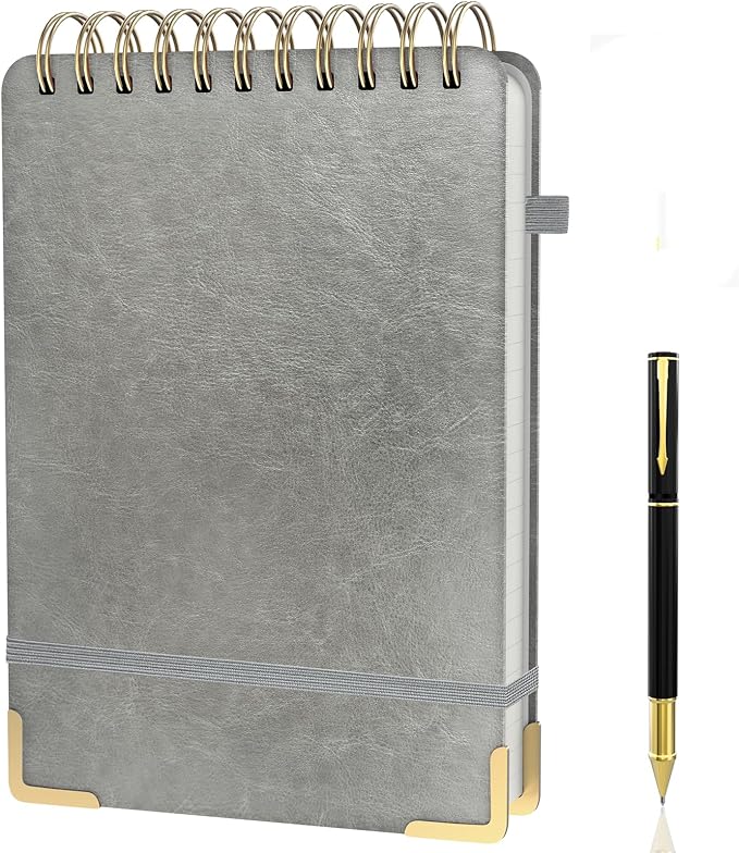 A5 Top Spiral Notebook, Large Leather Hardcover Top Bound Steno Pads, 240 Pages 100 gsm Thick Lined Paper Left Handed Notebook Journal for Work, School, Meeting Writing - Gray, 5.9" x 8.5"
