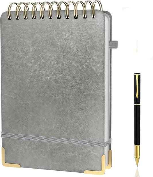 A5 Top Spiral Notebook, Large Leather Hardcover Top Bound Steno Pads, 240 Pages 100 gsm Thick Lined Paper Left Handed Notebook Journal for Work, School, Meeting Writing - Gray, 5.9" x 8.5"