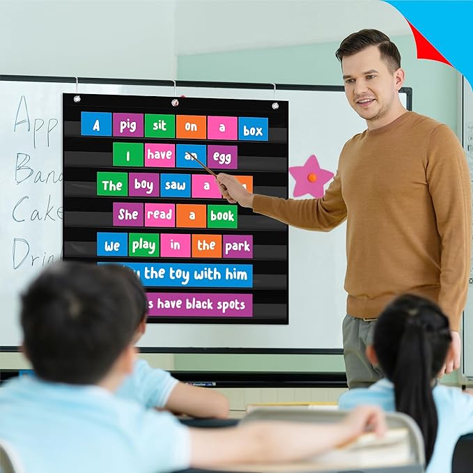 Daily Schedule Pocket Chart, Class Schedule with 7 Clear Pockets Plus 3 Over Door Hangers for Classroom Home School Schedule Organization & Time Management-Fits 3.5” Sentence Strips & Word Cards