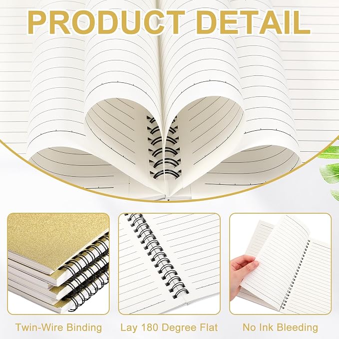 Yahenda 6 Pcs Spiral Notebooks, 1 Subject, Wide Ruled, Glitter Gold