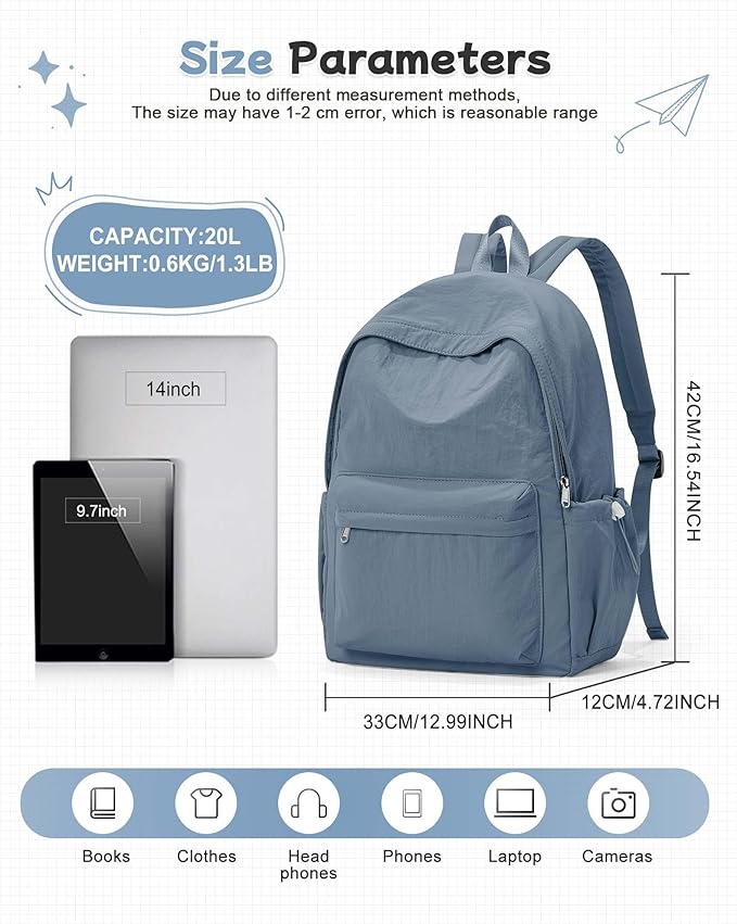 BJLFS Blue Backpack for School Women Girls, Waterproof Bookbag Cute High School Backpack for Men Teen Boys, Lightweight Travel College Mochilas Escolares para Casual Daypack Rucksack