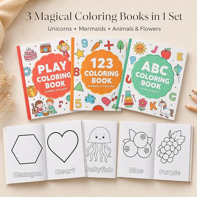 ZICOTO Fun Coloring Book for Kids - Set of 3 Cute Toddler Coloring Books with Big Simple Designs - Educational Activity Book with Themes for Alphabet, Numbers, Colors and Shapes for Boys and Girls