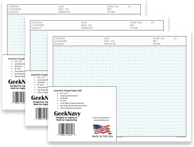 GeekNavy 8.5" x 11" Isometric Graph Paper 50 Sheets Landscape - 0.25" Grid, Non-photo Blue, High Brightness, Drafting, Engineering, Art, 3D Design (3-Pack)