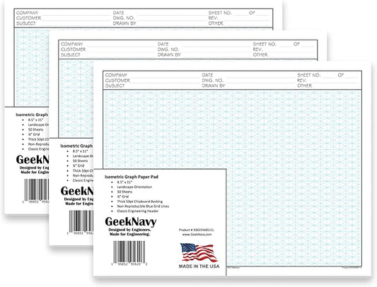 GeekNavy 8.5" x 11" Isometric Graph Paper 50 Sheets Landscape - 0.25" Grid, Non-photo Blue, High Brightness, Drafting, Engineering, Art, 3D Design (3-Pack)