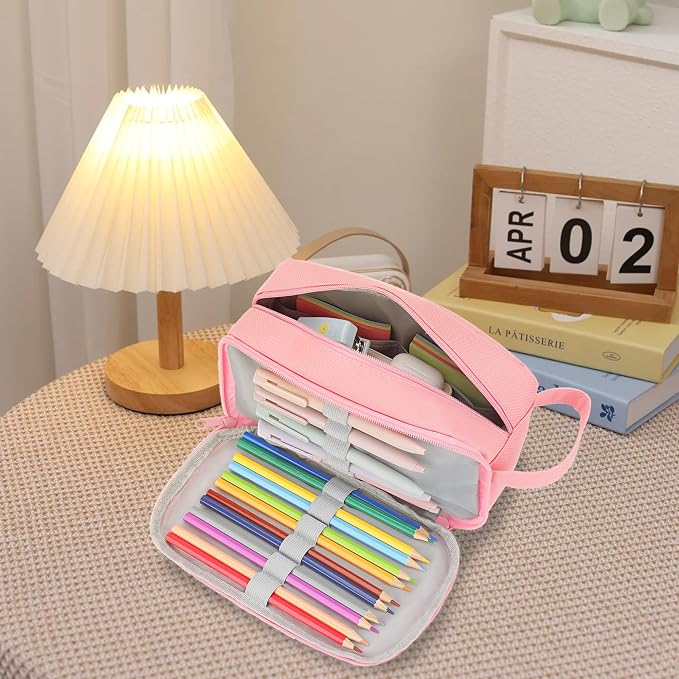 Yeplan Pink Pencil Case with Handle,Large Capacity Pencil Pouch | 3 Compartments Pencil Bags,Cute Pencil Case with Zipper,Stationery Storage for Teen and Adult,Pencil Case For Girls