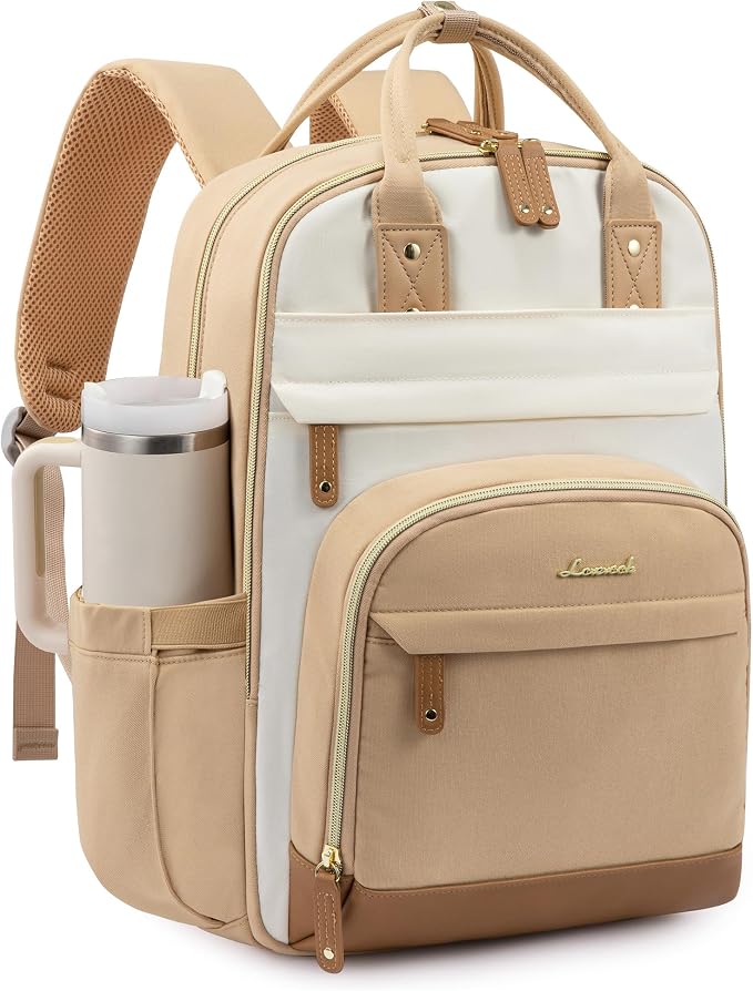 LOVEVOOK Laptop Backpack Women with Giant Tumbler Holder,17.3 inch Work Travel Backpack Computer Laptop Bag,Cute College Nurse Teacher Backpack Purse,Gifts for Women & Men,Yellow-Beige-Browny yellow