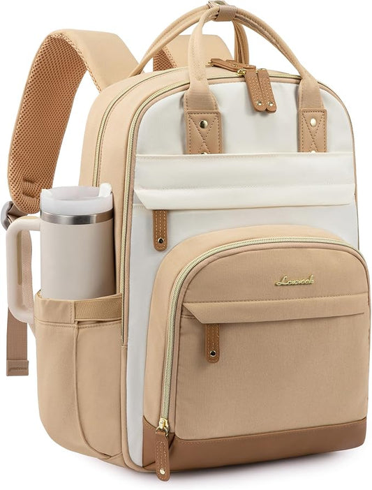 LOVEVOOK Laptop Backpack Women with Giant Tumbler Holder,17.3 inch Work Travel Backpack Computer Laptop Bag,Cute College Nurse Teacher Backpack Purse,Gifts for Women & Men,Yellow-Beige-Browny yellow