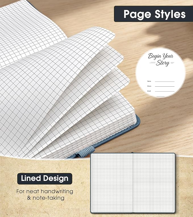 A5 Leather Hardcover Graph Paper Notebook, 160 Pages (5 Squares/Inch), 180° Lay-Flat Binding, 100 GSM Thick Paper, for Math, Engineering, Students & Technical Work (Dusty Blue)
