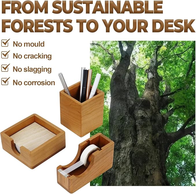 MultiBey Solid Cherry Wood Desk Organizer Set, Wood Tape Dispenser with Refill Rolls, Wooden Pen Holder, Wood Post It Note Holder for Office & Home Desk Supplies (3-Piece Set)