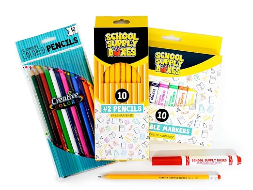 Back to School Supply Box (Pallet - 320 Boxes) - Grades K-5 Back to School Supplies - 32 Piece Kit Includes Markers, Crayons, Pencils, Scissors, Folders, Glue Sticks, Notebook, and Composition Book