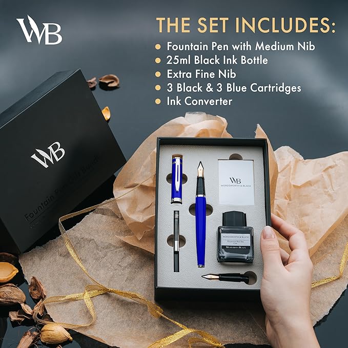 Wordsworth & Black Fountain Pen Set,18K Gilded Medium and Extra Fine Nib,25ML Black Ink Bottle,6 Ink Cartridges,Refill Converter,Gift Box,Smooth Writing Pens [Blue Chrome],Gift Set for Men and Women