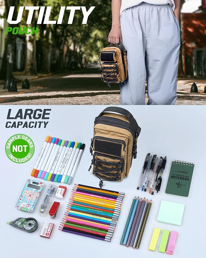 RXW Large Capacity Pencil Pouch for Boys, Tactical EDC Zippered Pencil Bag, Small Tool Pouch for Adults (includes US Flag Patch + 2 MOLLE Straps) (Coyote Brown)